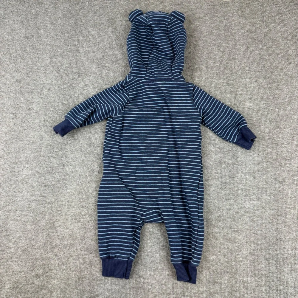 Carter's Hooded Romper Baby 3M Blue Striped Bear‎ Ears Fleece Lined Jumpsuit